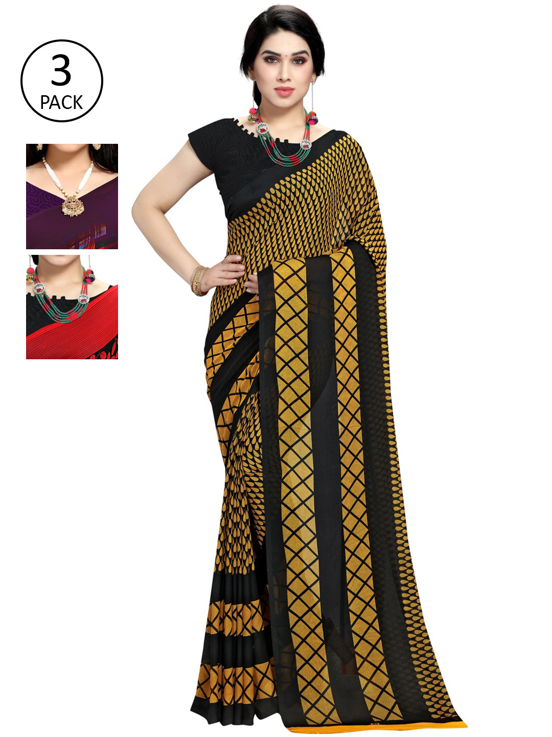 

KALINI Pack Of 3 Printed Sarees, Black