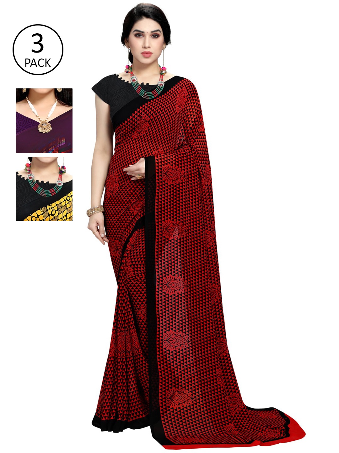 

KALINI Pack Of 3 Printed Sarees, Red