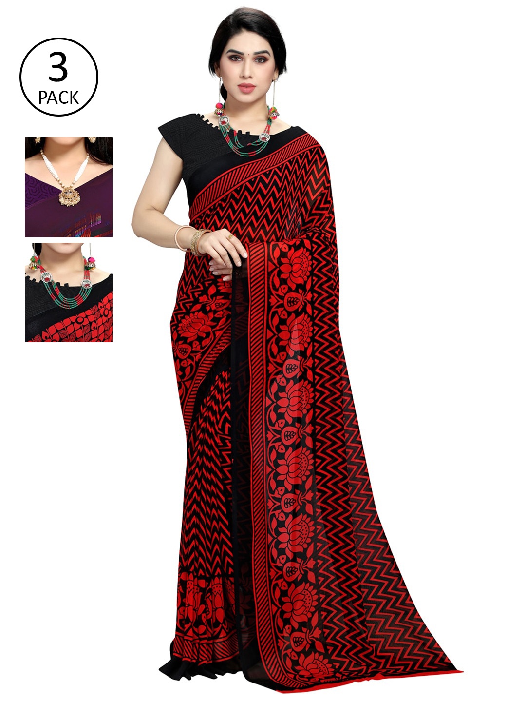 

KALINI Pack Of 3 Printed Sarees, Red