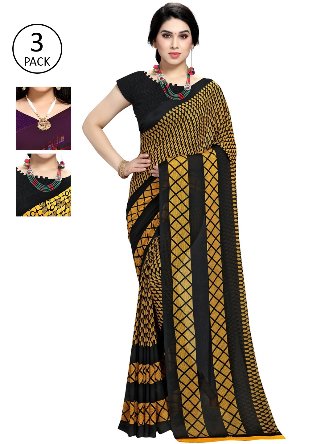 

KALINI Pack Of 3 Printed Sarees, Yellow