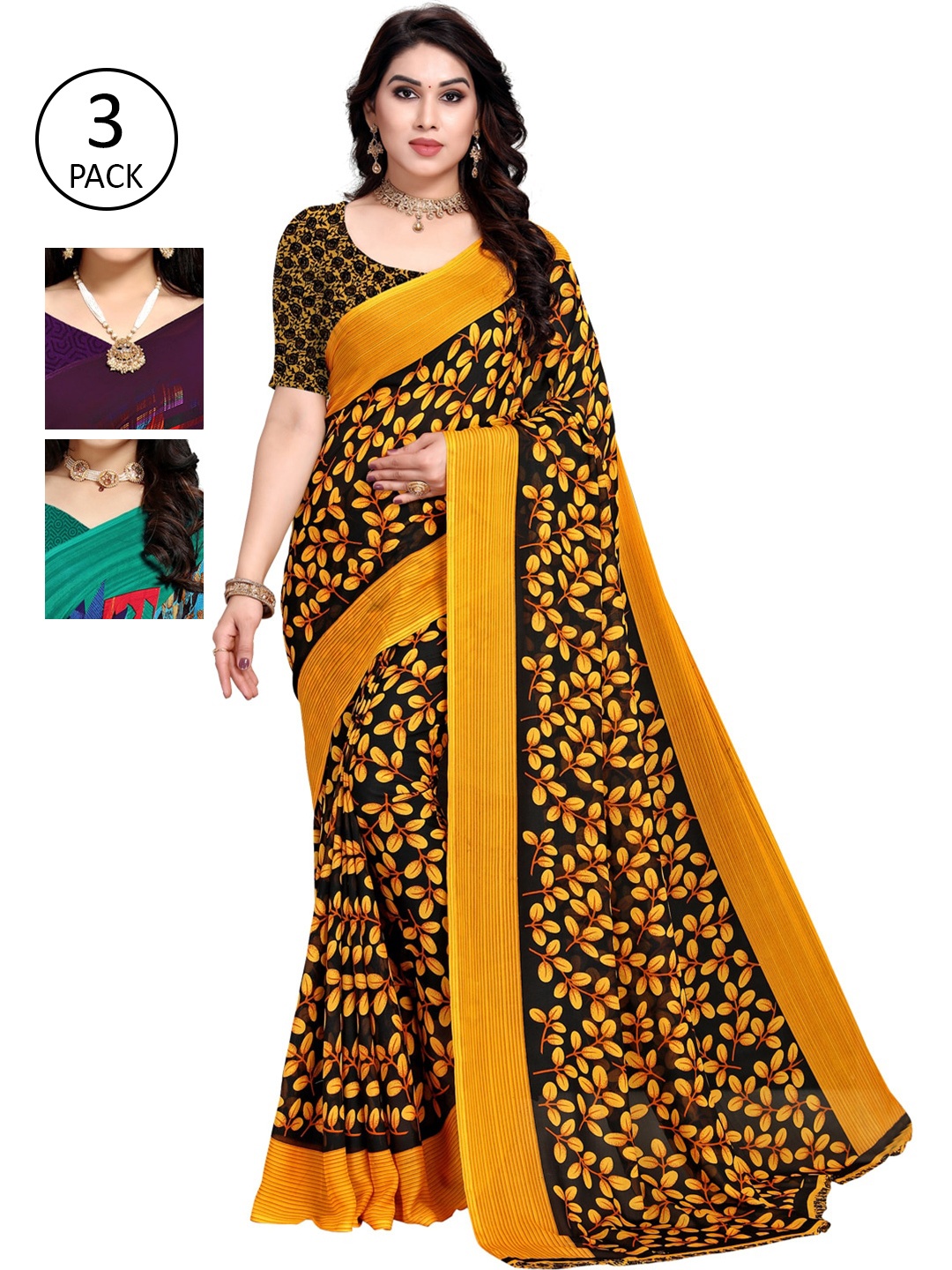 

KALINI Pack Of 3 Multicoloured Printed Sarees, Multi
