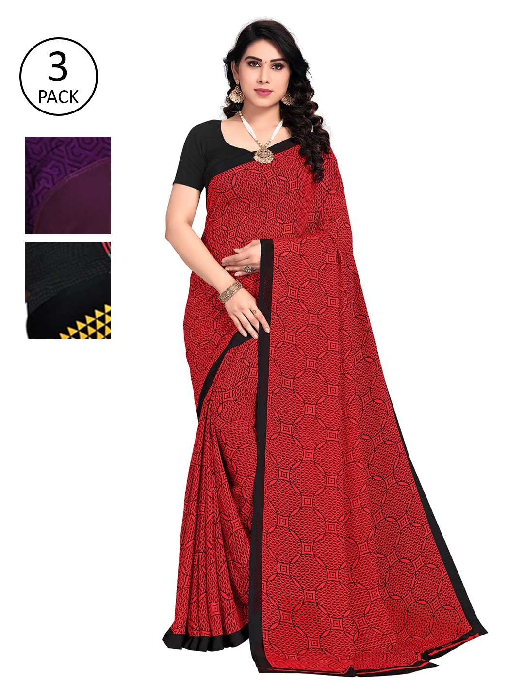 

KALINI Pack Of 3 Printed Sarees, Red