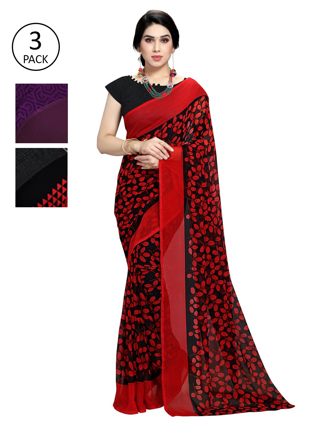

KALINI Pack Of 3 Printed Sarees, Black