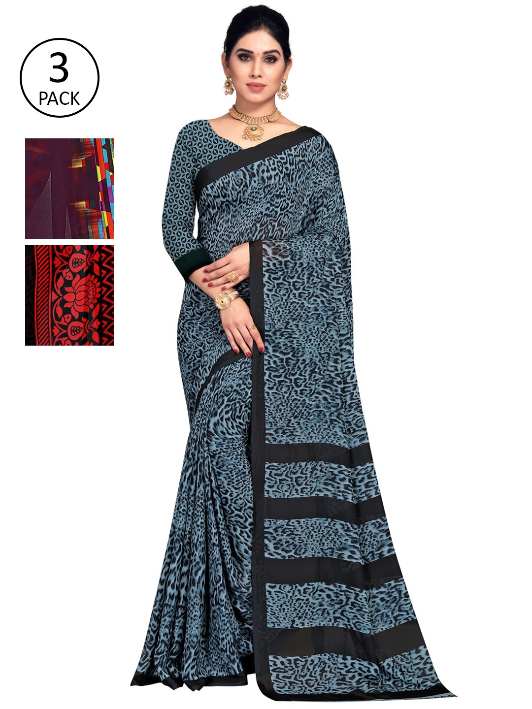

KALINI Pack Of 3 Printed Saree, Red