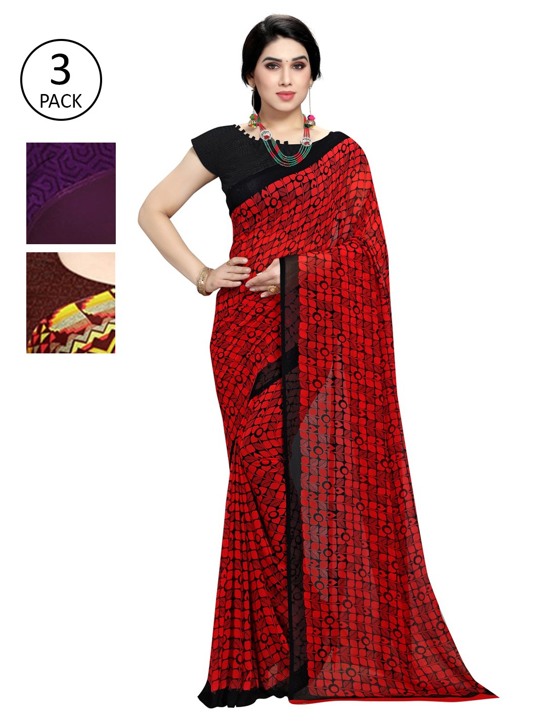 

KALINI Pack Of 3 Printed Sarees, Red
