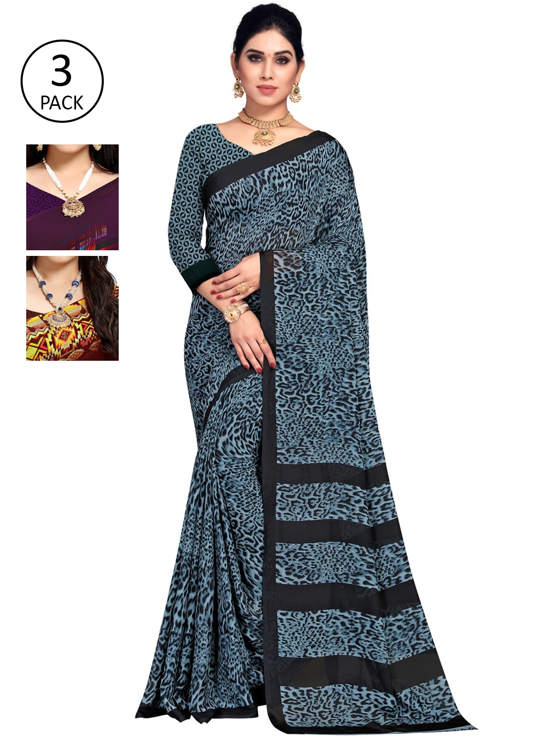 

KALINI Pack Of 3 Printed Sarees, Purple