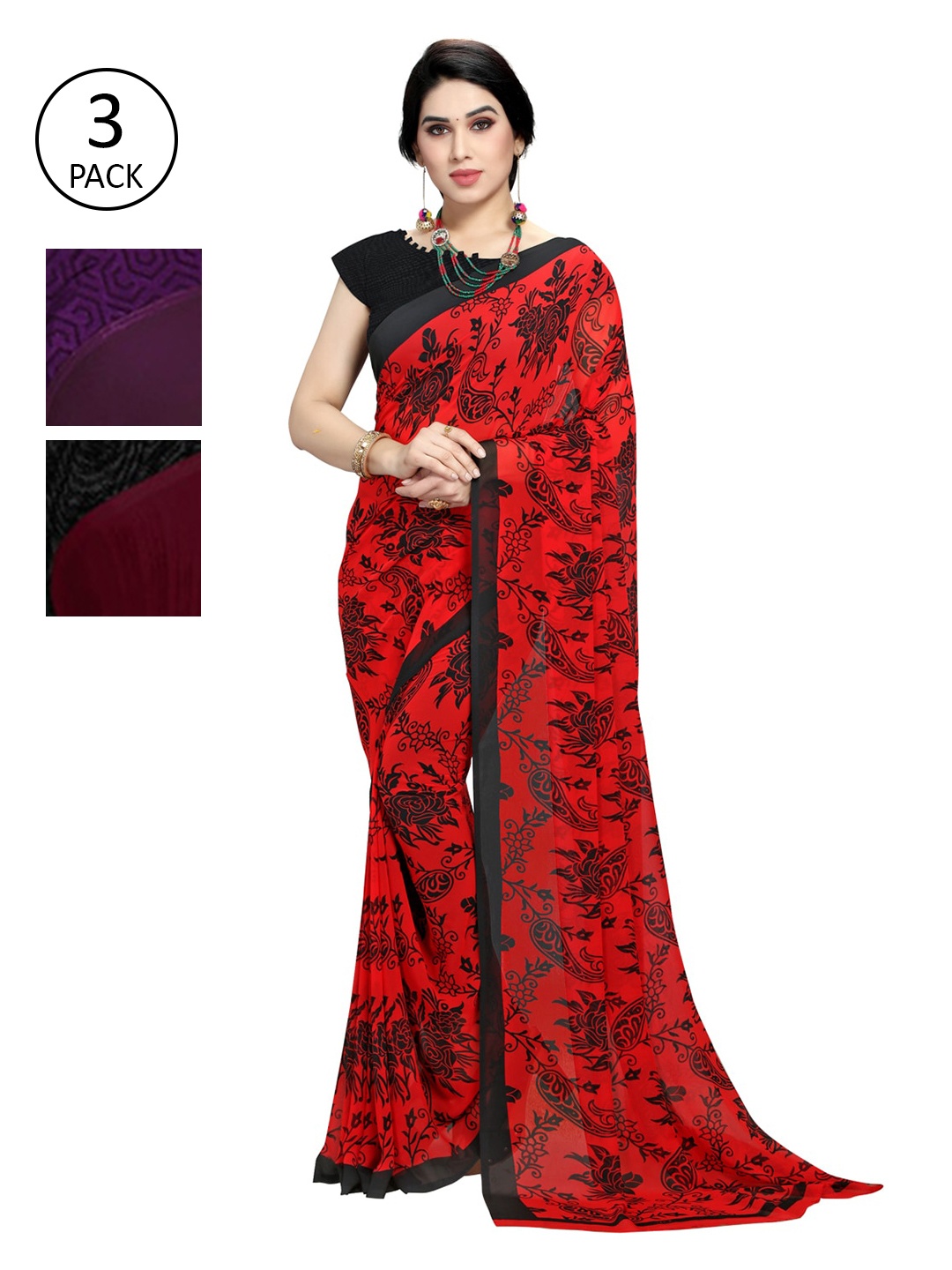 

KALINI Pack Of 3 Printed Sarees, Red