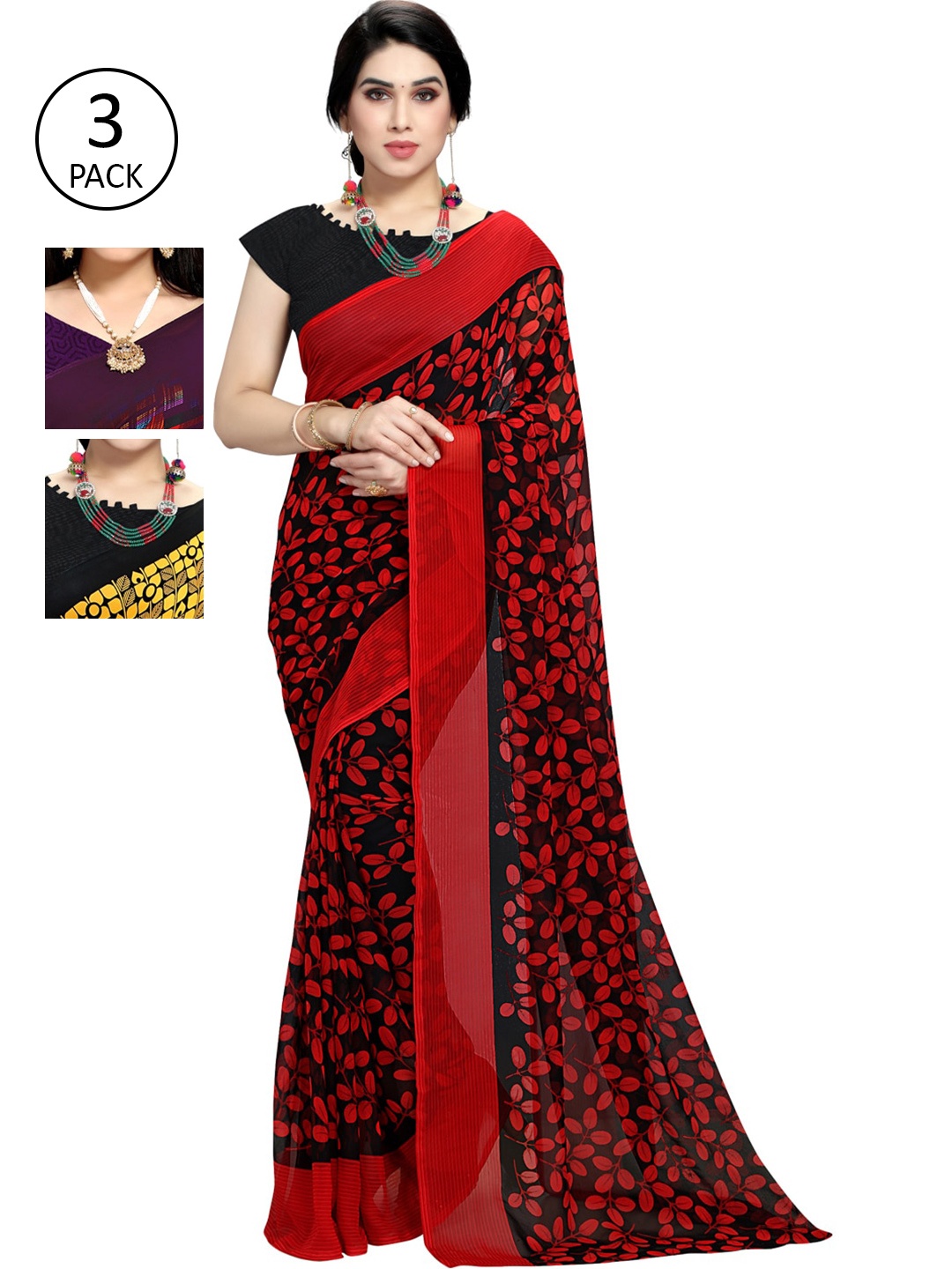 

KALINI Pack Of 3 Printed Sarees, Red