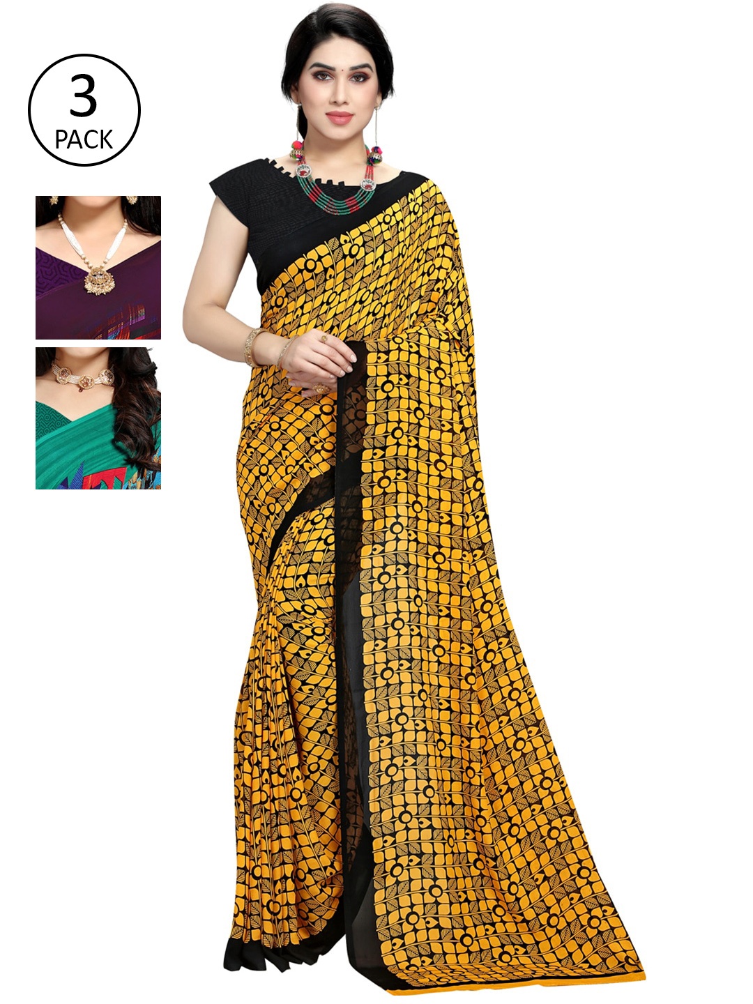 

KALINI Pack Of 3 Printed Saree, Yellow