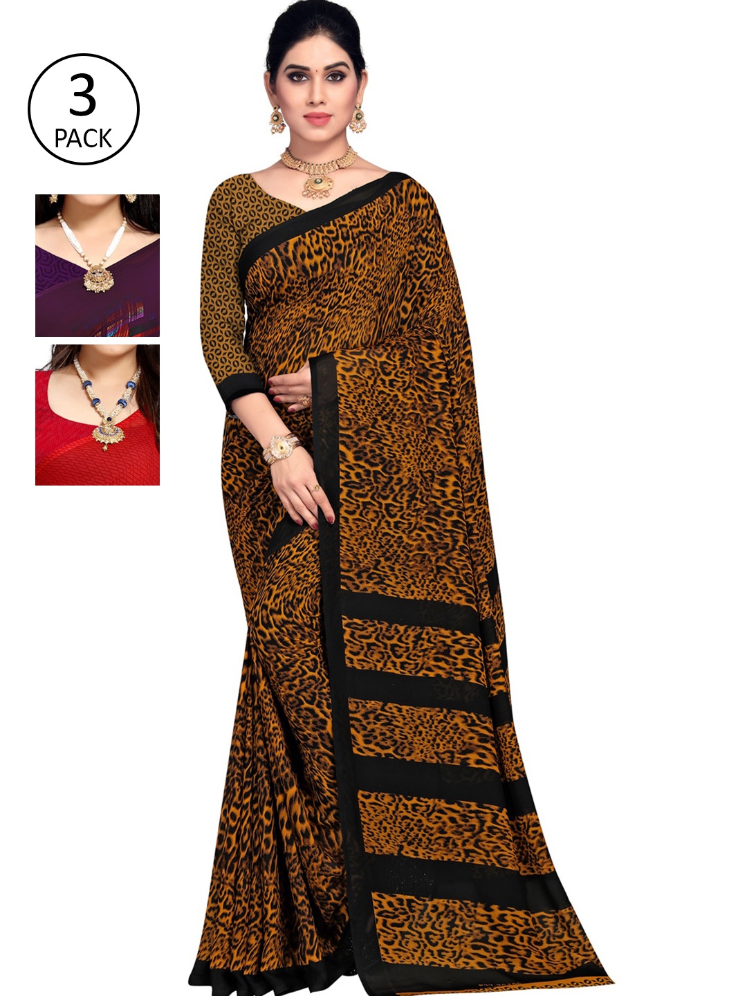 

KALINI Pack Of 3 Printed Sarees, Red