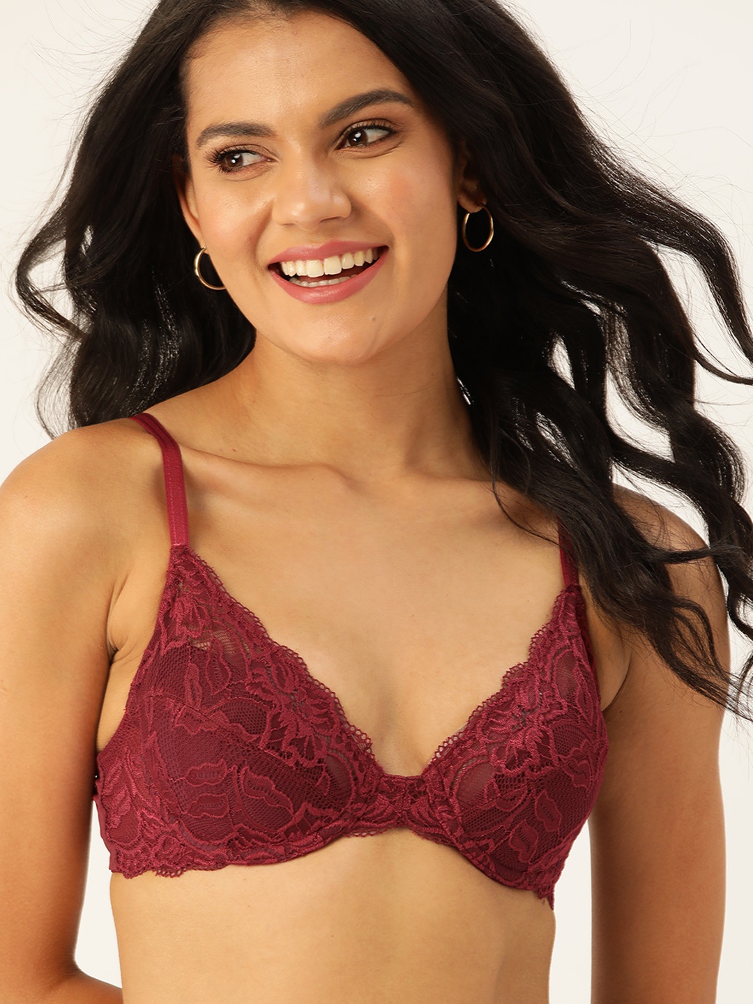 

DressBerry Maroon Lace Everyday Bra - Medium Coverage Underwired Lightly Padded