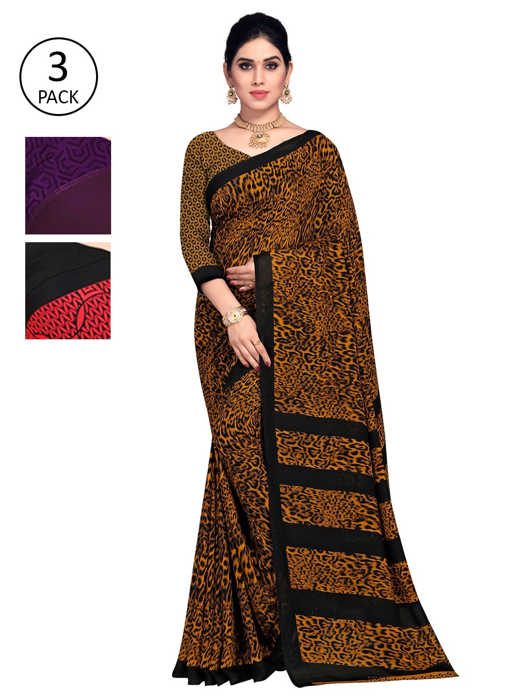 

KALINI Pack Of 3 Printed Sarees, Brown