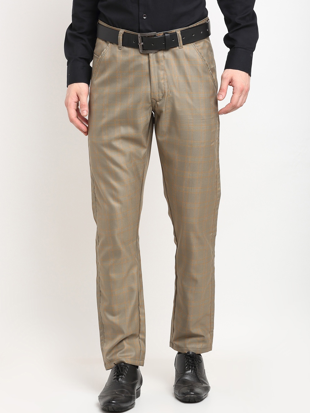 

JAINISH Men Brown Checked Smart Slim-Fit Formal Trousers