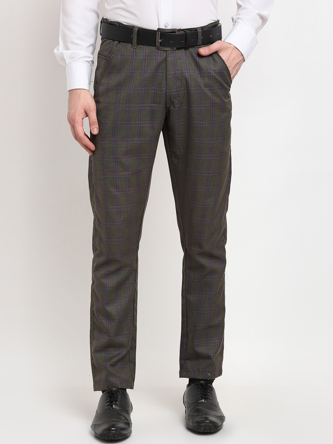 

JAINISH Men Charcoal Checked Formal Trousers