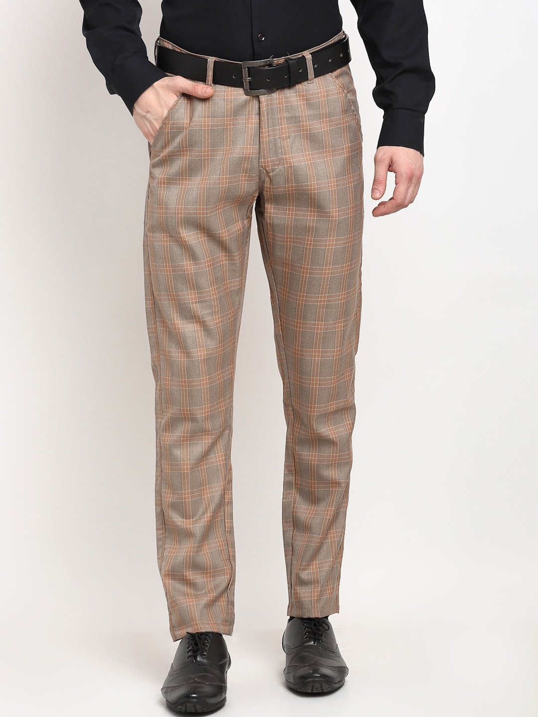 

JAINISH Men Brown Checked Slim Fit Formal Trousers