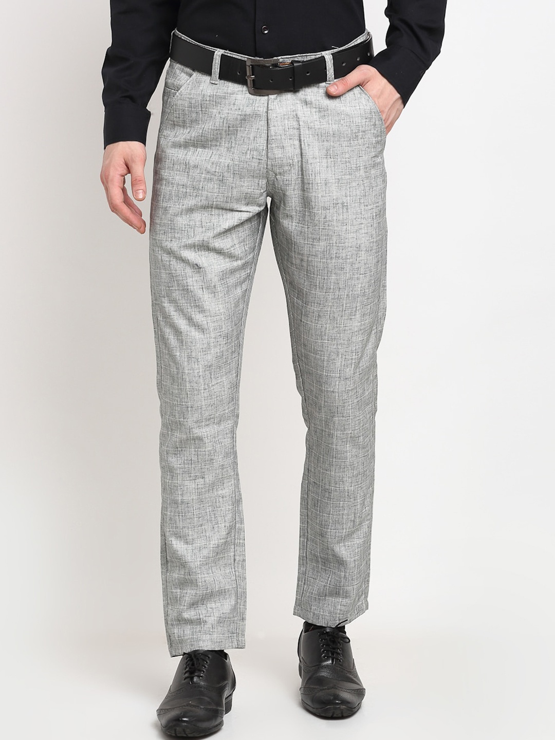 

JAINISH Men Grey Checked Formal Trousers