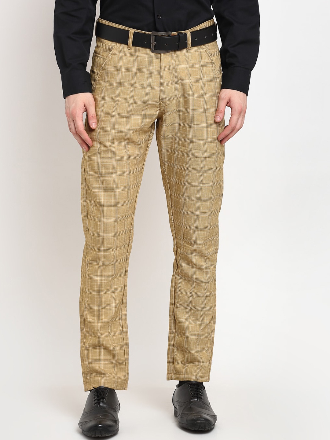 

JAINISH Men Beige Slim Fit Checked Formal Trousers