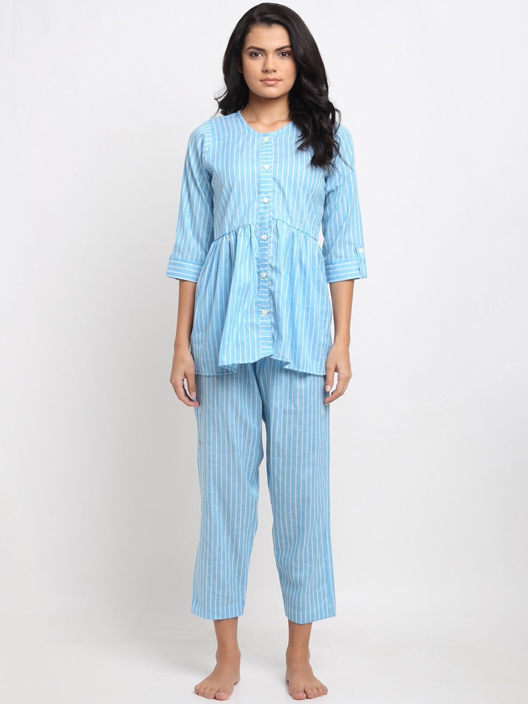 

Aujjessa Women Blue & White Striped Night suit