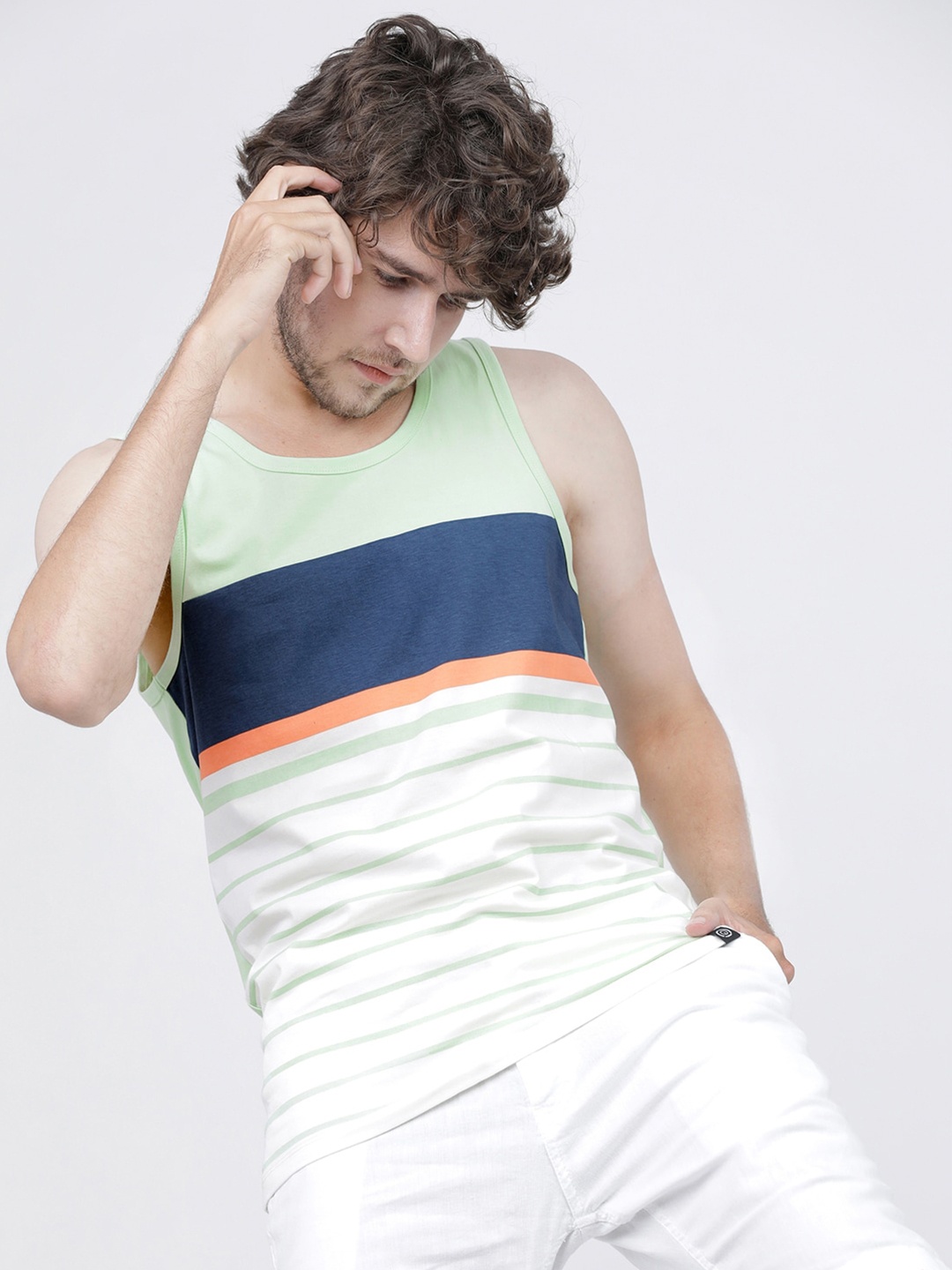 

LOCOMOTIVE Men Green & White Striped T-shirt