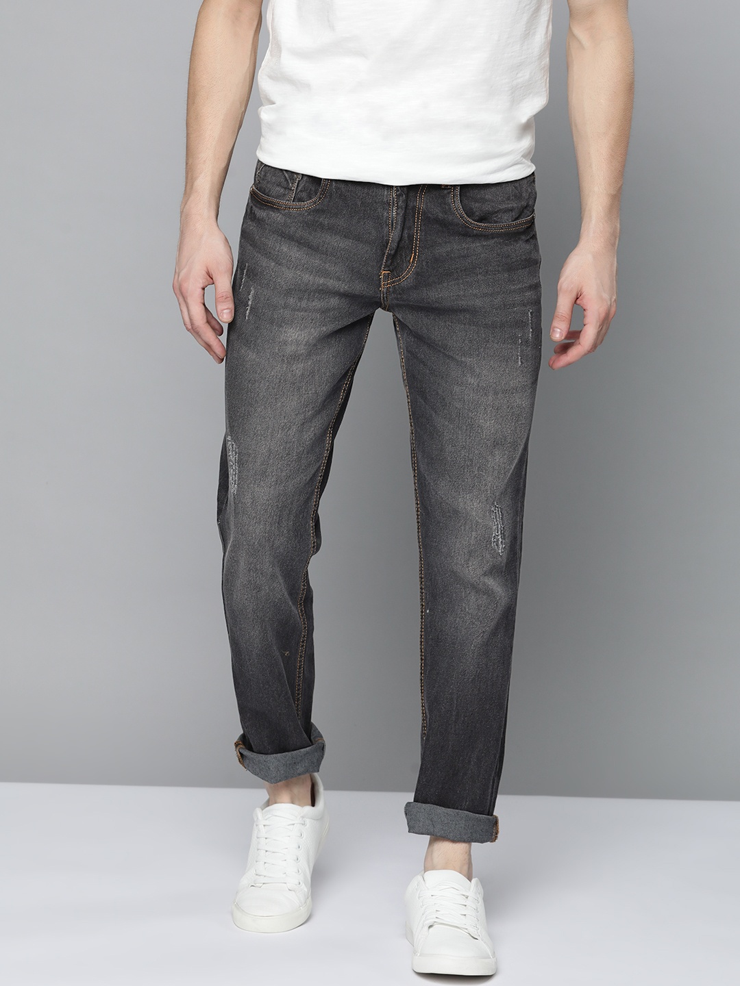 

Mast & Harbour Men Charcoal Grey Skinny Fit Mildly Distressed Light Fade Stretchable Jeans