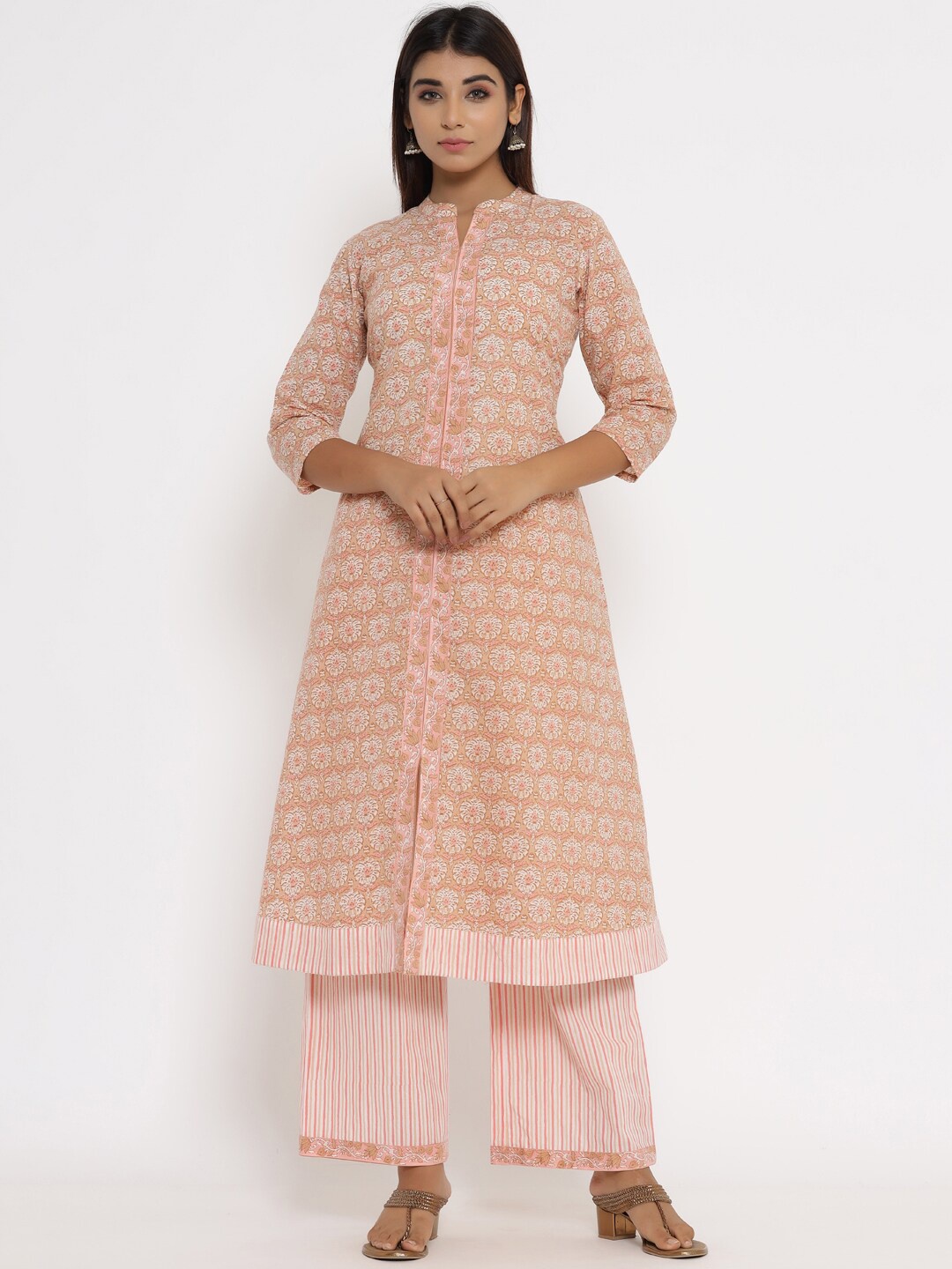 

Silai Bunai Women Peach-Coloured Printed Pure Cotton Kurta with Palazzos