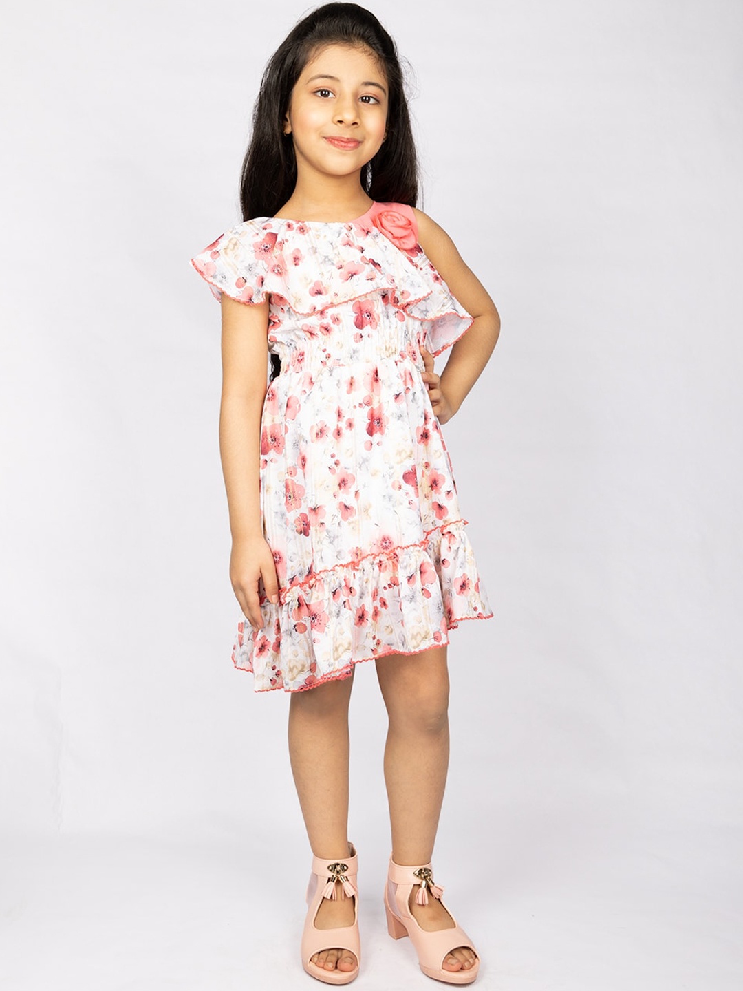 

Peppermint Peach-Coloured & Off White Floral Pure Cotton Empire Dress