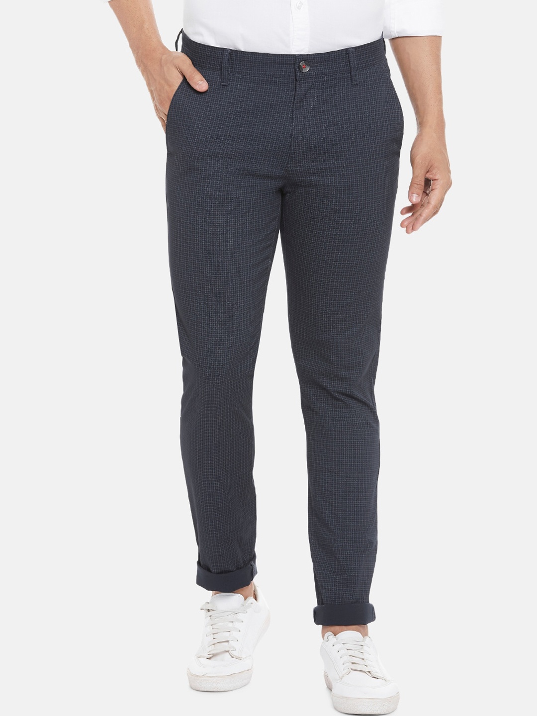 

BYFORD by Pantaloons Men Blue Self Design Slim Fit Low-Rise Trousers