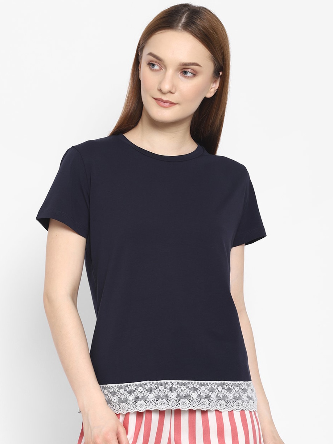 

COASTLAND Women Navy Blue Solid Lace Cotton Lounge T-Shirt