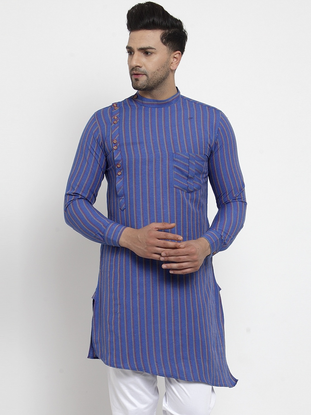 

KLOTTHE Men Blue Striped Asymmetric Cotton Kurta