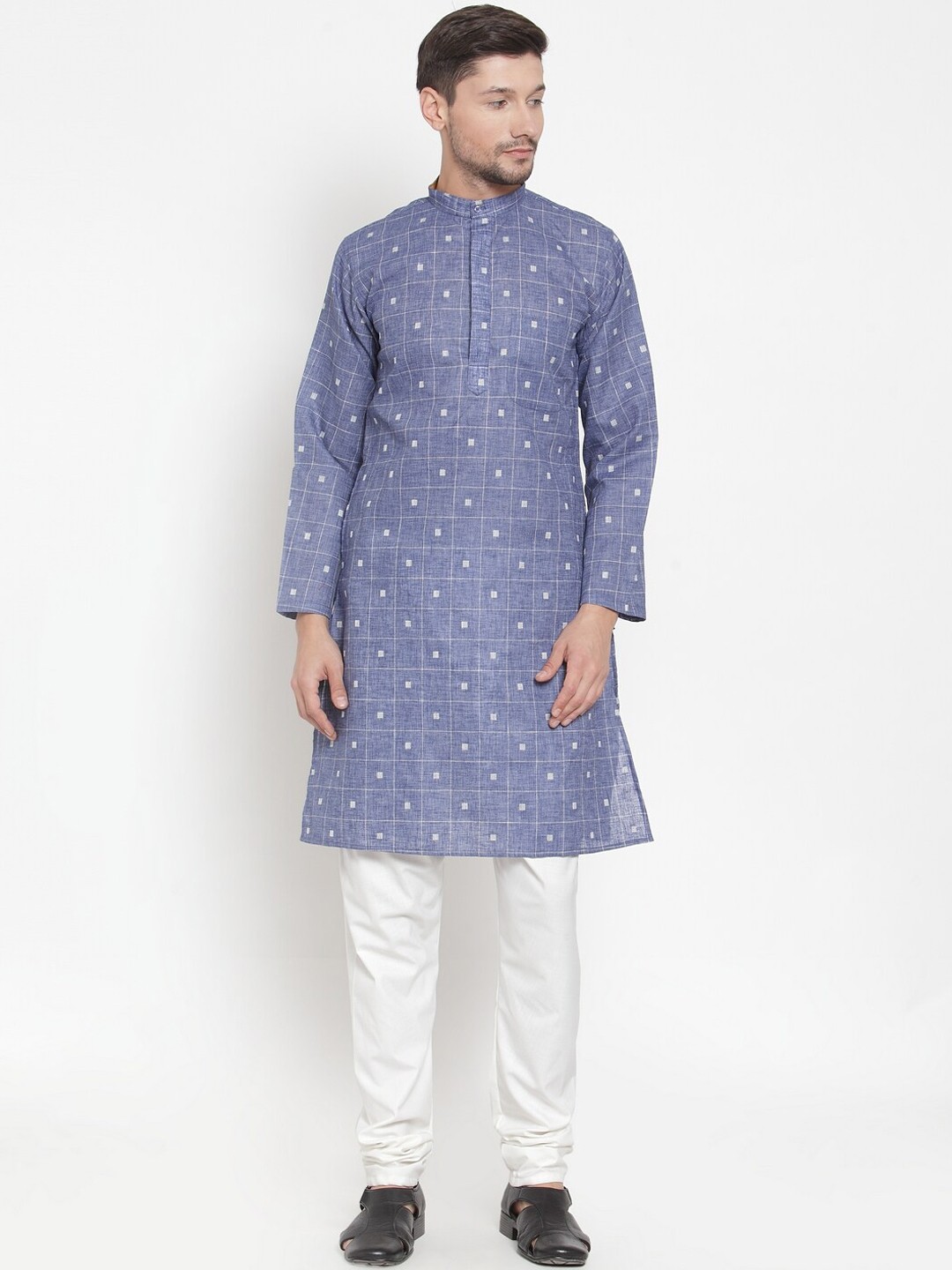 

KLOTTHE Men Blue Cotton Checked Regular Straight Kurta