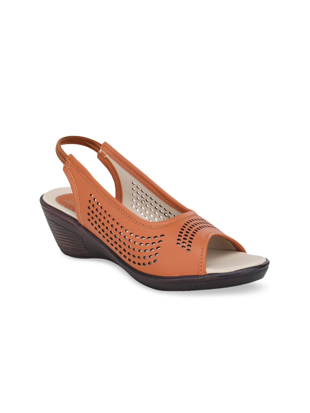 

LONDON STEPS Tan Wedge Peep Toes With Laser Cuts