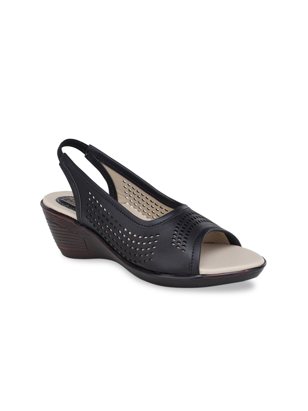 

LONDON STEPS Black Wedge Laser Cuts Peep Toes