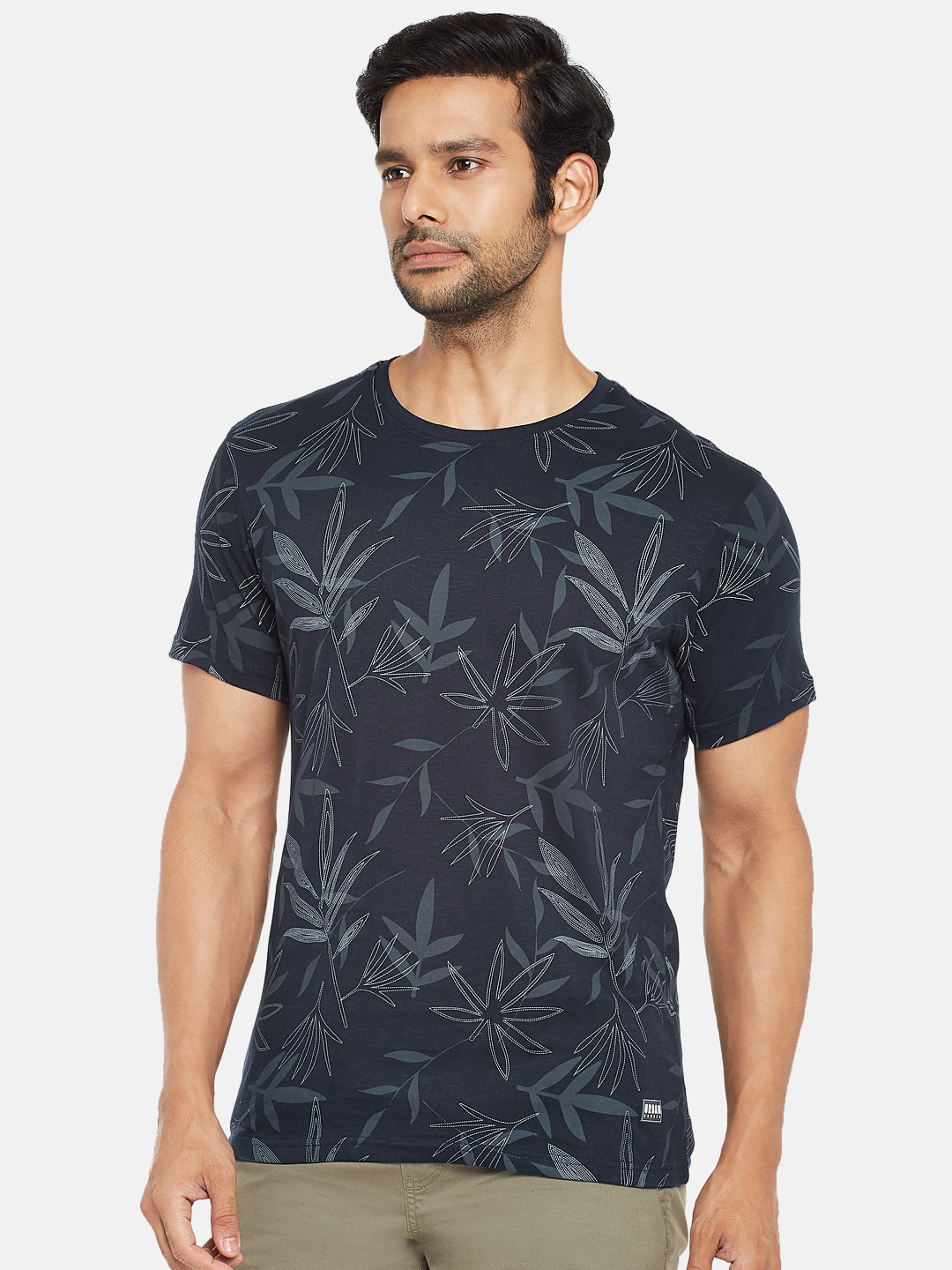 

Urban Ranger by pantaloons Men Navy Blue Tropical Printed Slim Fit Pure Cotton T-shirt