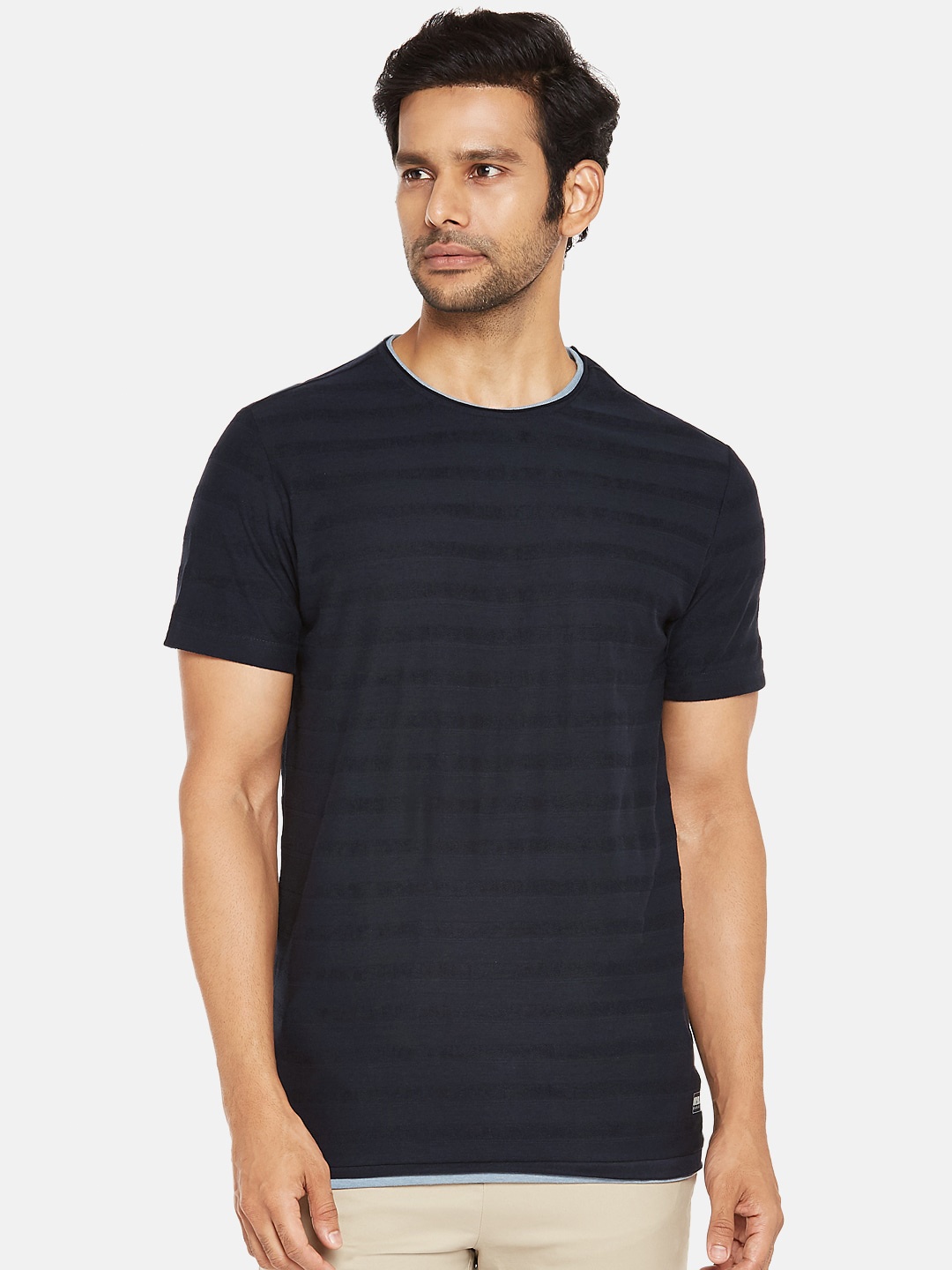 

Urban Ranger by pantaloons Men Navy Blue Striped Cotton Slim Fit Pure Cotton T-shirt