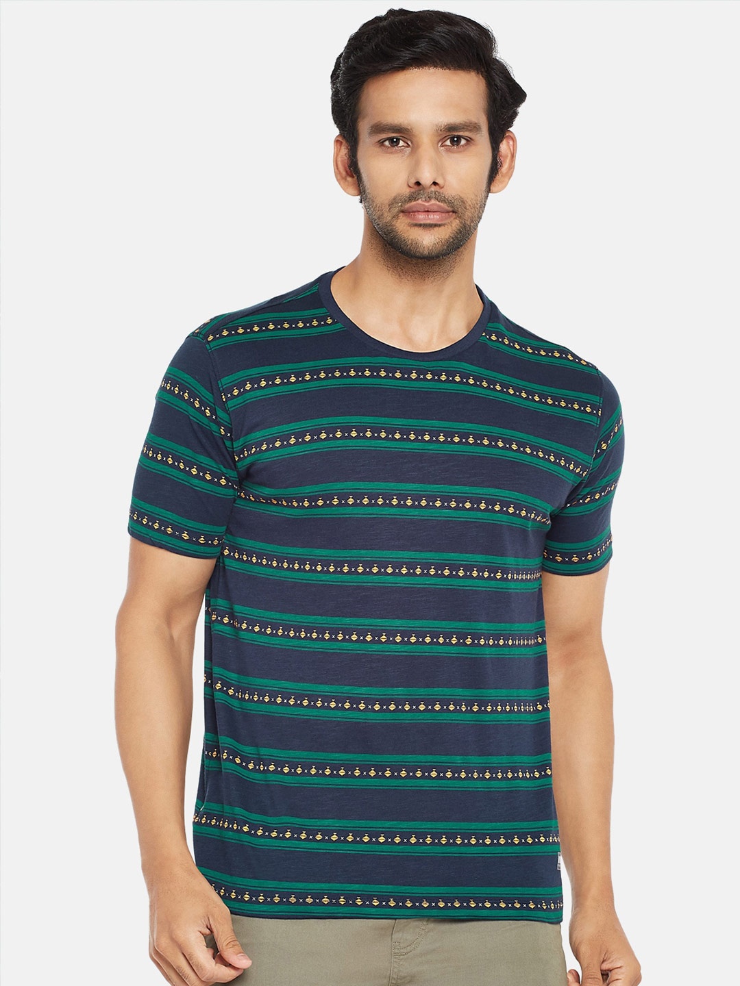 

Urban Ranger by pantaloons Men Navy Blue Pure Cotton Striped Slim Fit Pure Cotton T-shirt