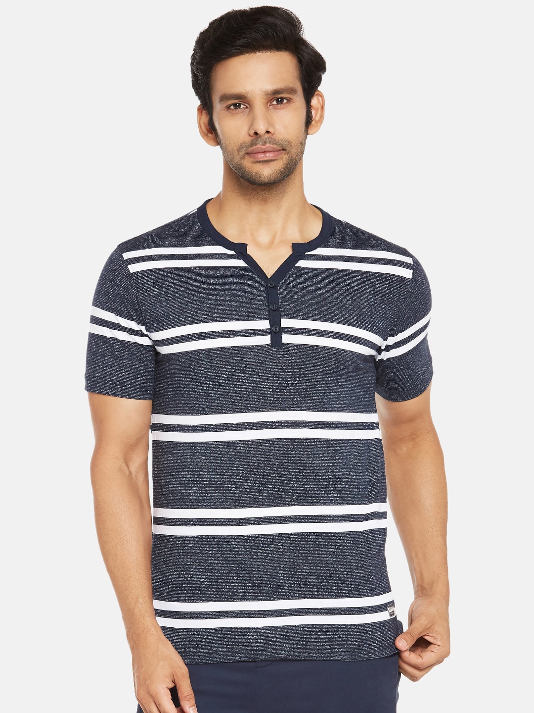 

Urban Ranger by pantaloons Men Blue Striped Henley Neck Slim Fit Pure Cotton T-shirt