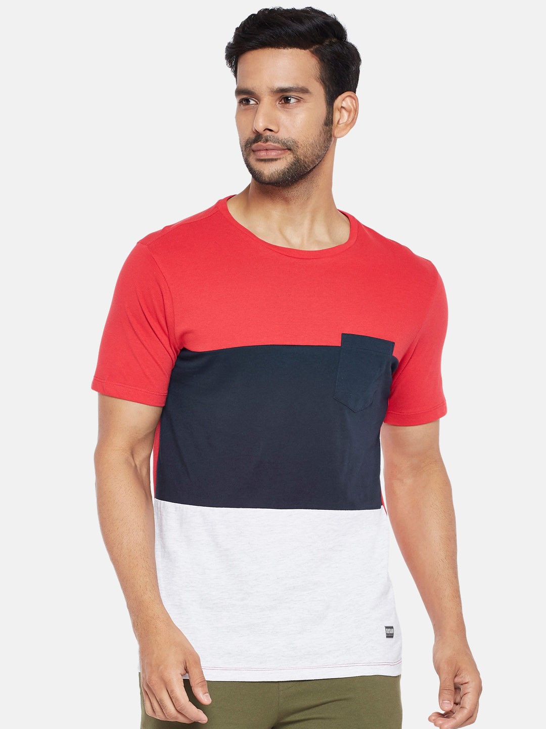 

Urban Ranger by pantaloons Men Red Navy Blue Colourblocked Slim Fit Pure Cotton T-shirt