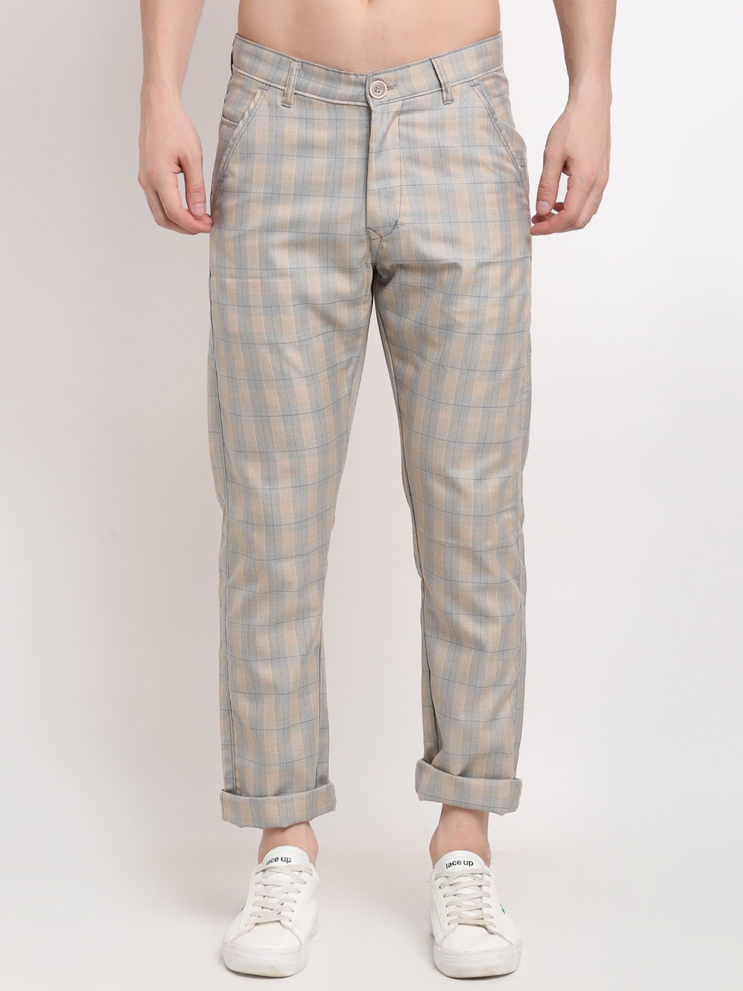 

JAINISH Men Blue Checked Casual Trousers