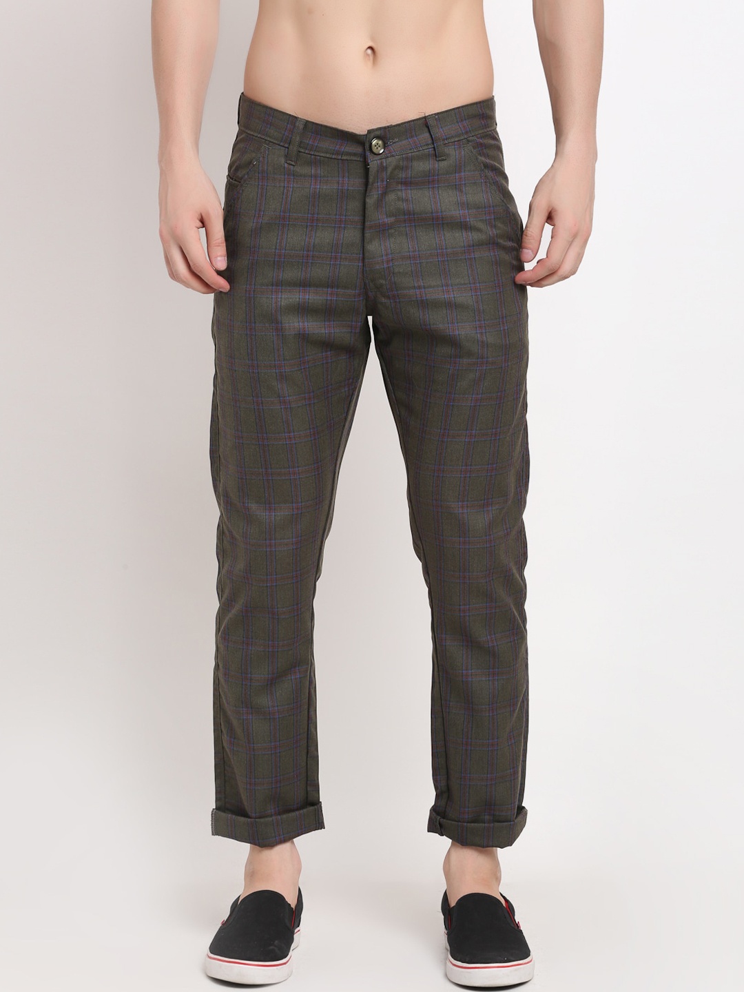 

JAINISH Men Charcoal Grey Checked Smart Slim-Fit Chinos Trousers