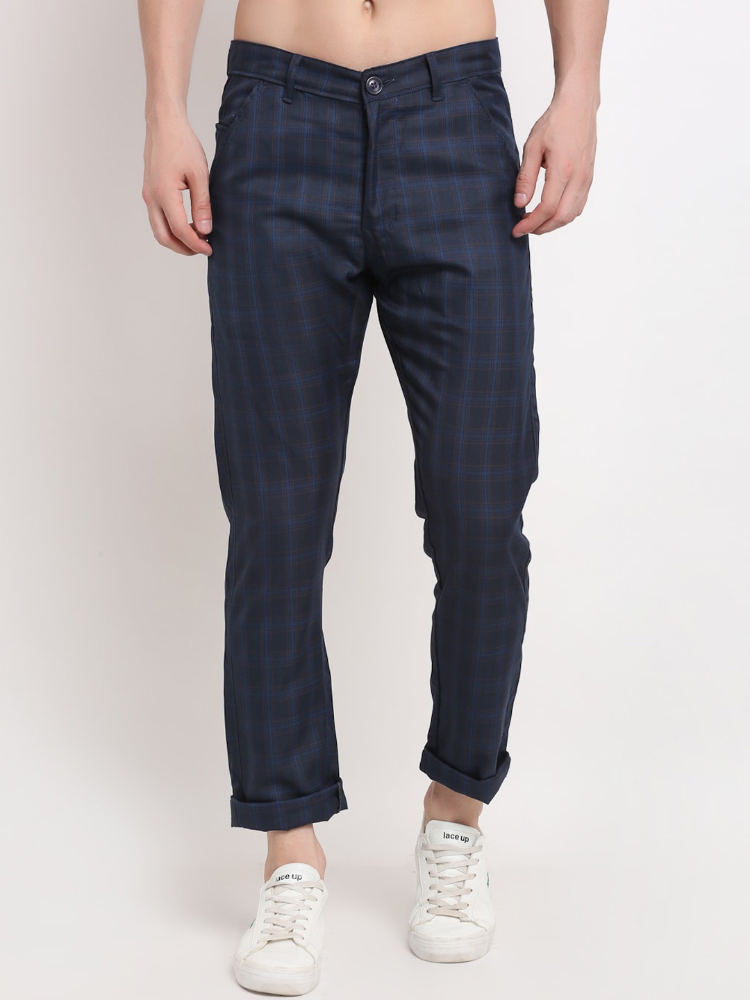 

JAINISH Men Navy Blue Checked Mid Rise Trousers