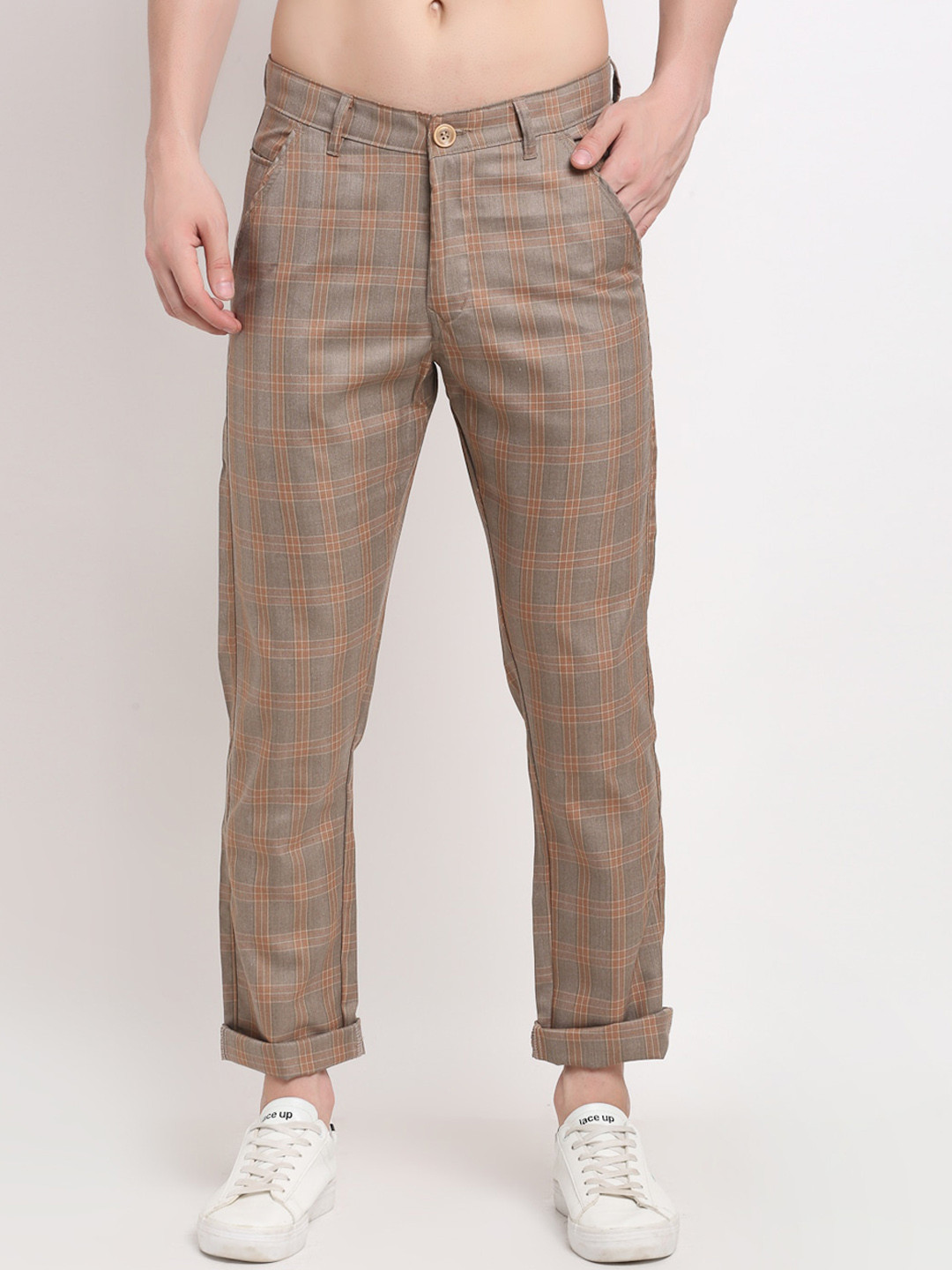 

JAINISH Men Brown Regular Fit Checked Casual Trousers