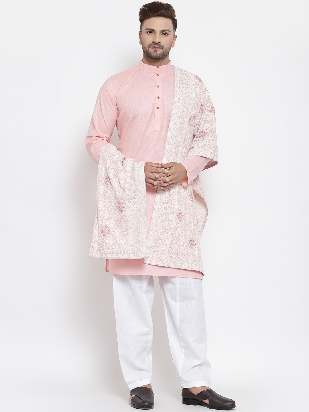 

MAXENCE Men Pink & White Linen Kurta With Pyjamas & Stole