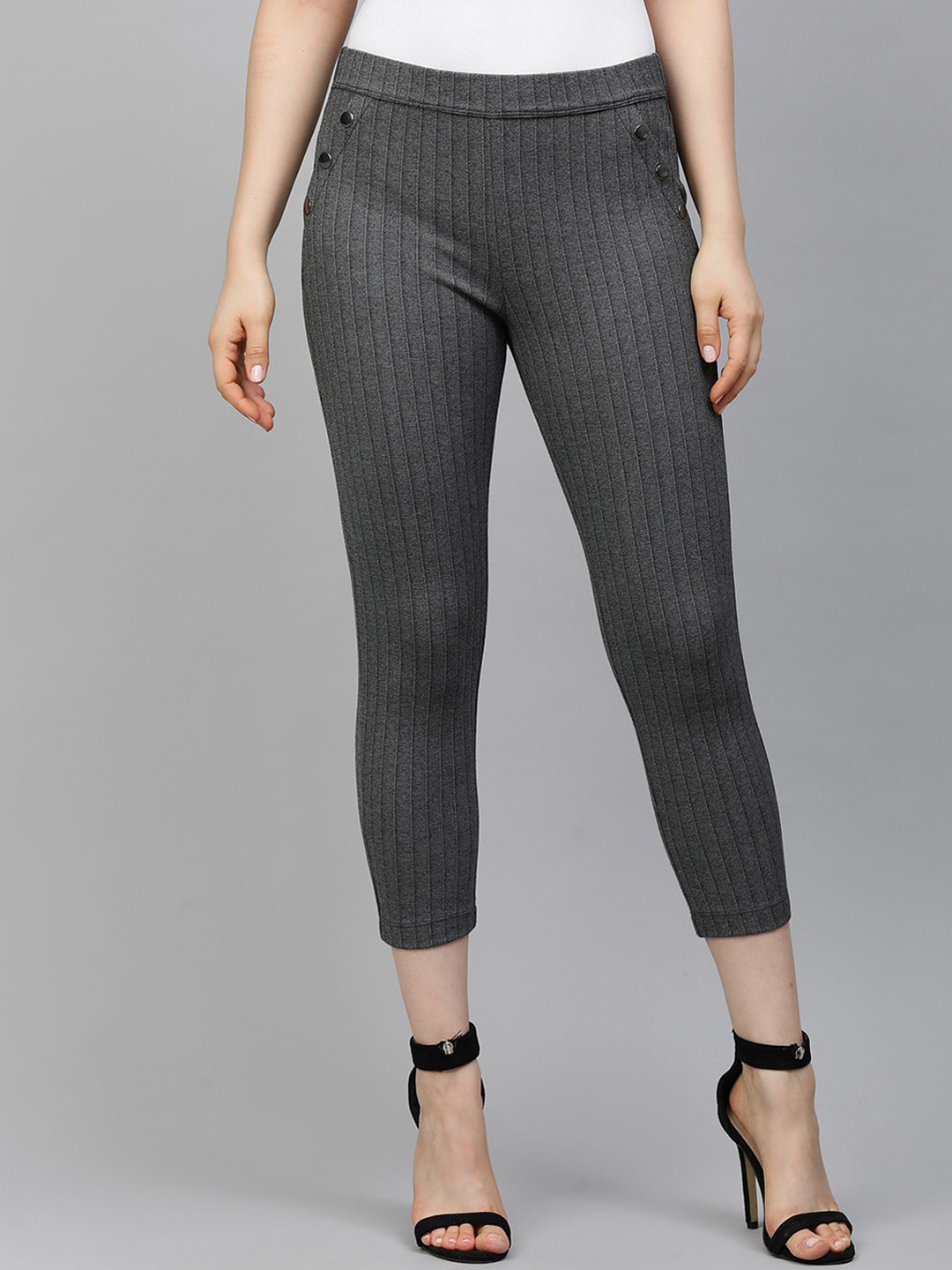 

Chemistry Women Grey Striped Skinny Fit Trousers