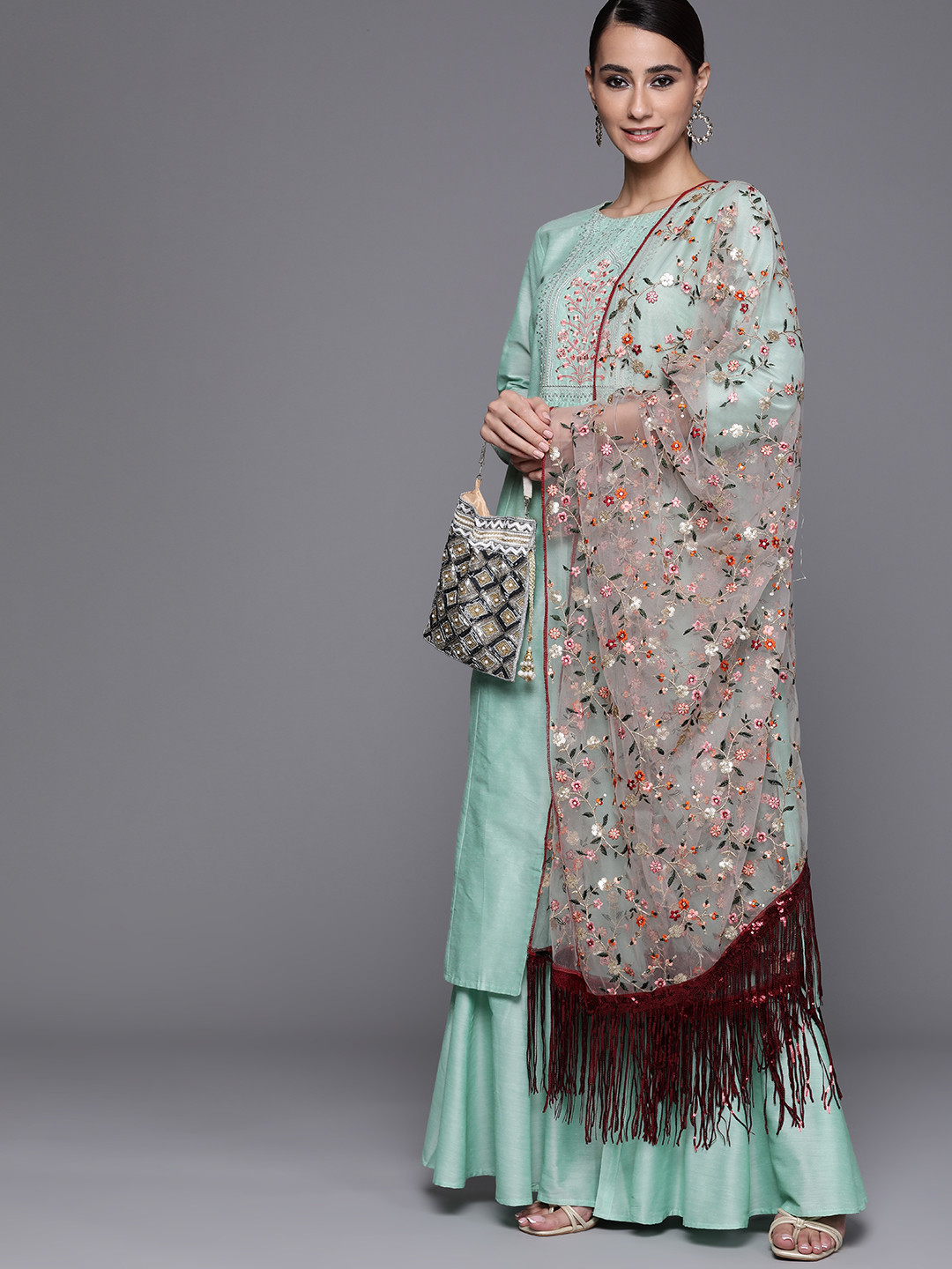 

Inddus Grey Net Embroidered Dupatta with Sequins