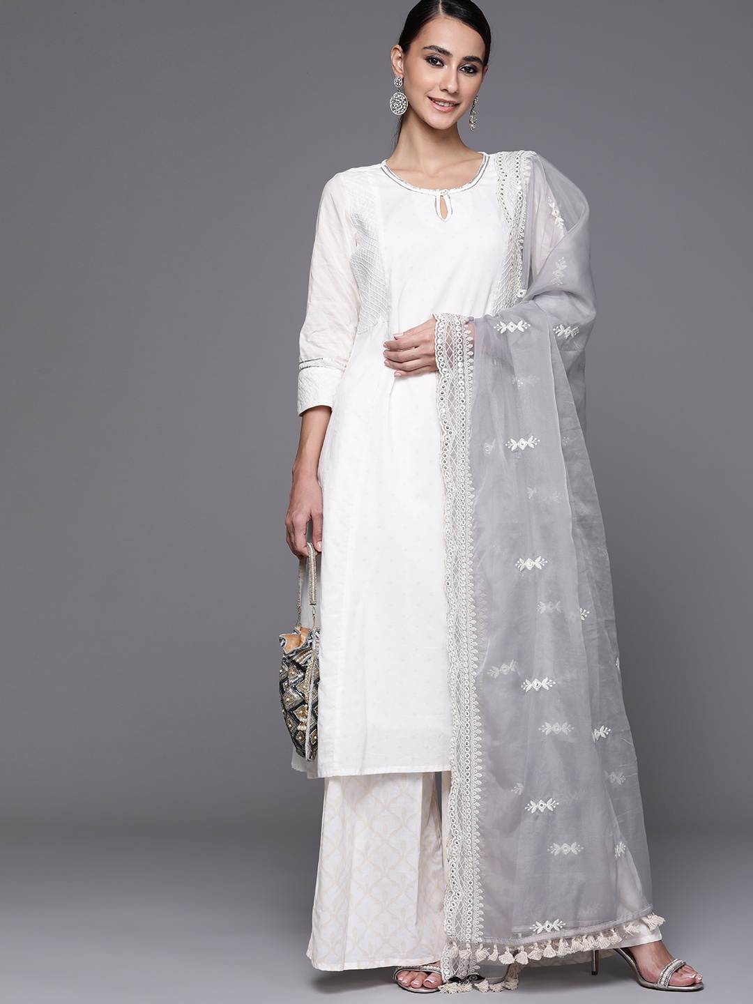 

Inddus Grey & White Organza Mirror Work Dupatta with Scalloped Tasselled Border