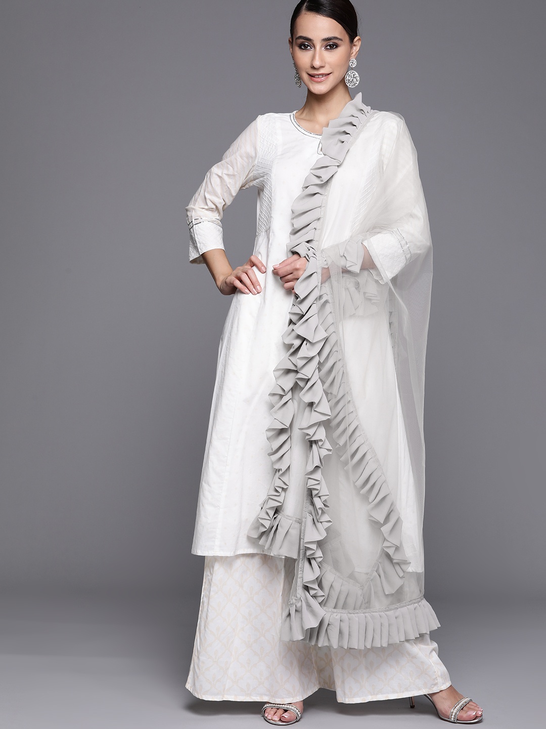 Inddus Grey Net Solid Ruffled Dupatta