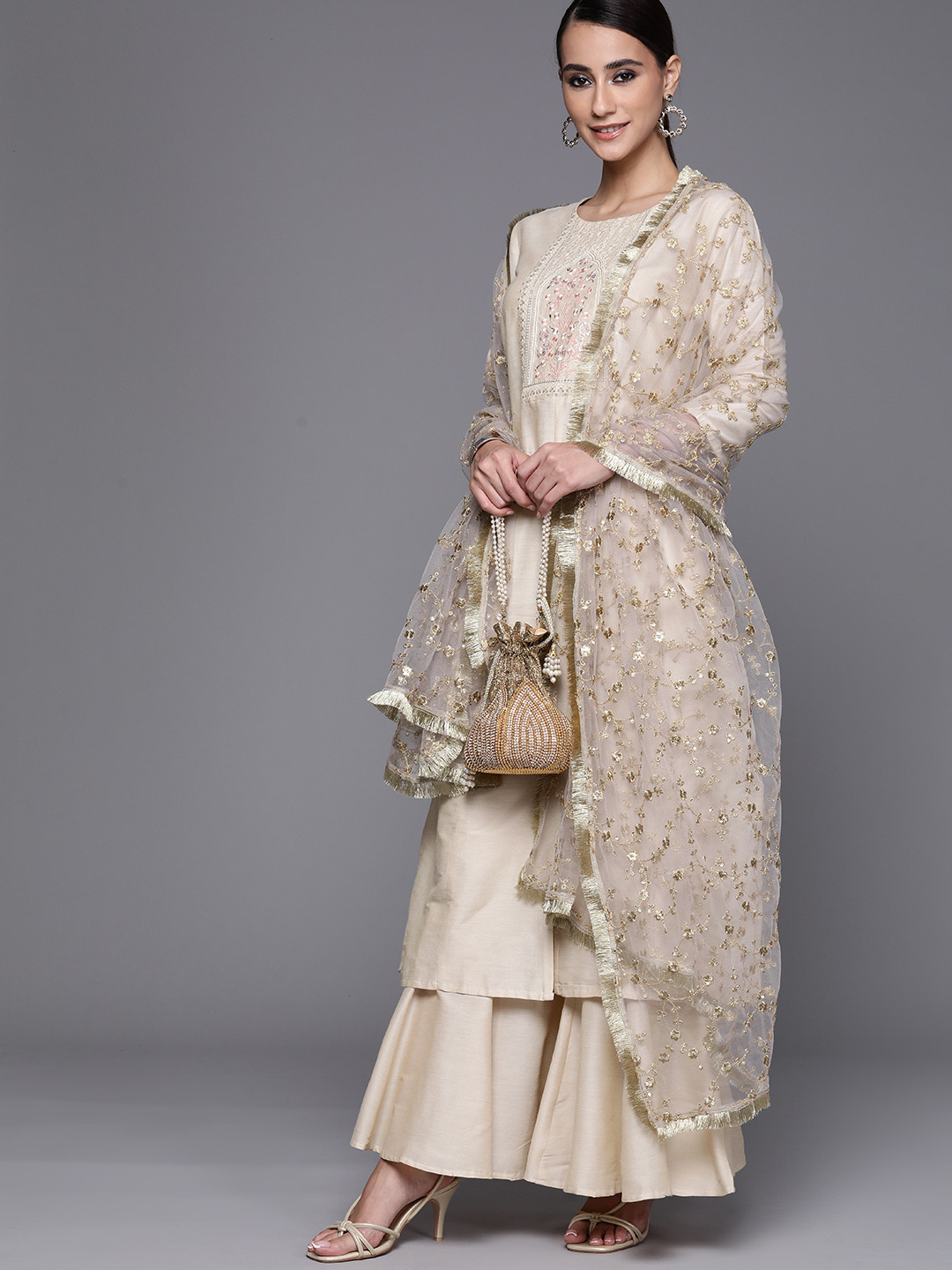 

Inddus Off White Net Embroidered Dupatta with Sequins