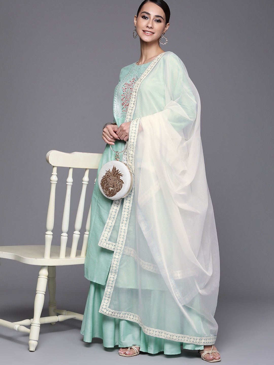 

Inddus Off White & Blue Solid Organza Dupatta with Embroidered Border