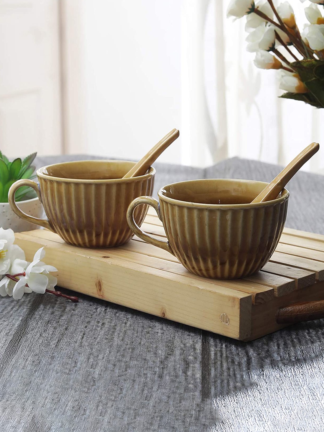 

MIAH Decor Brown Handcrafted Textured Stoneware Glossy Set of 2 Soup Bowls with Spoons