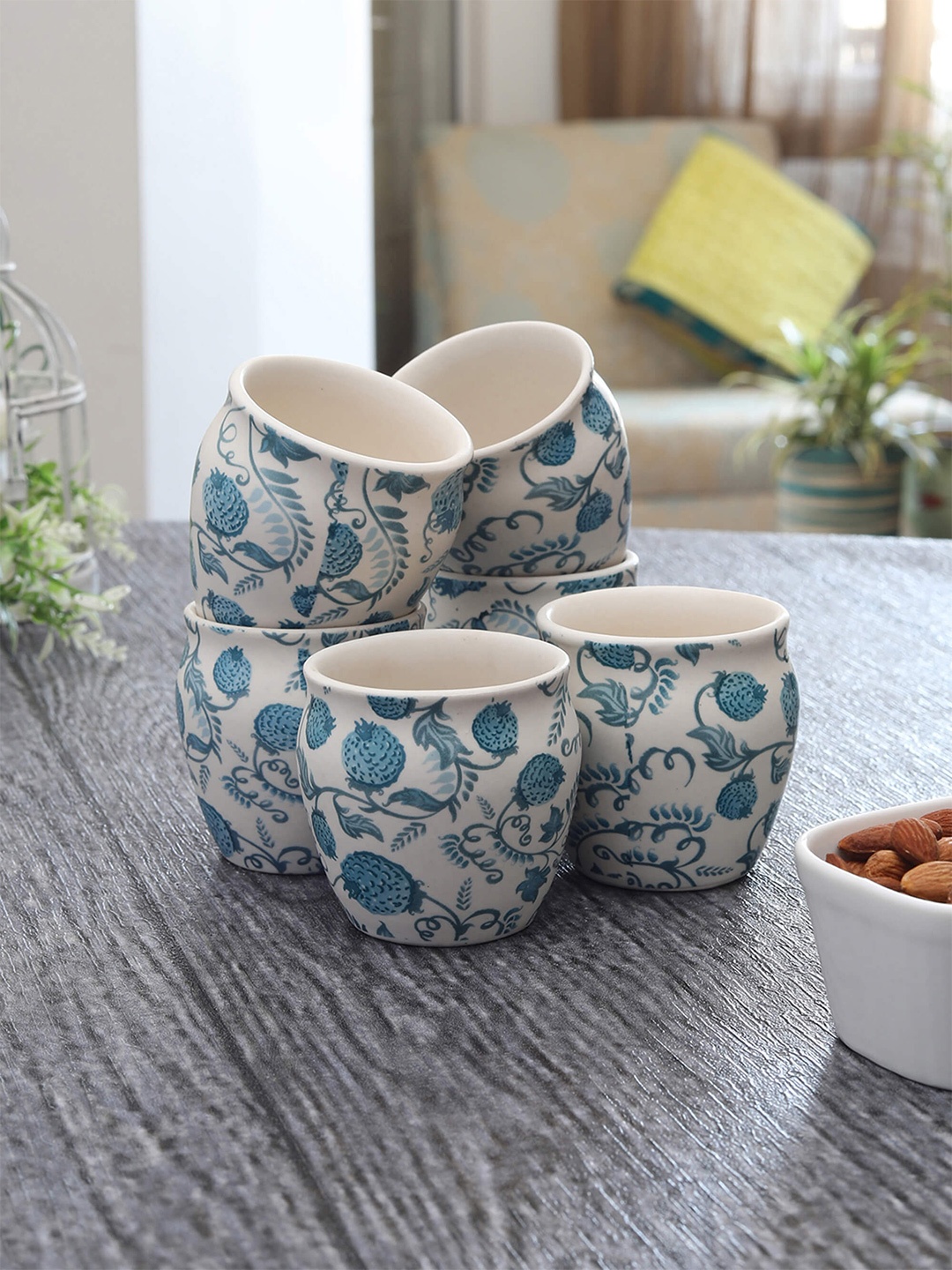 

MIAH Decor Cream-Coloured & Blue Handcrafted Printed Stoneware Matte Set of 6 Cups
